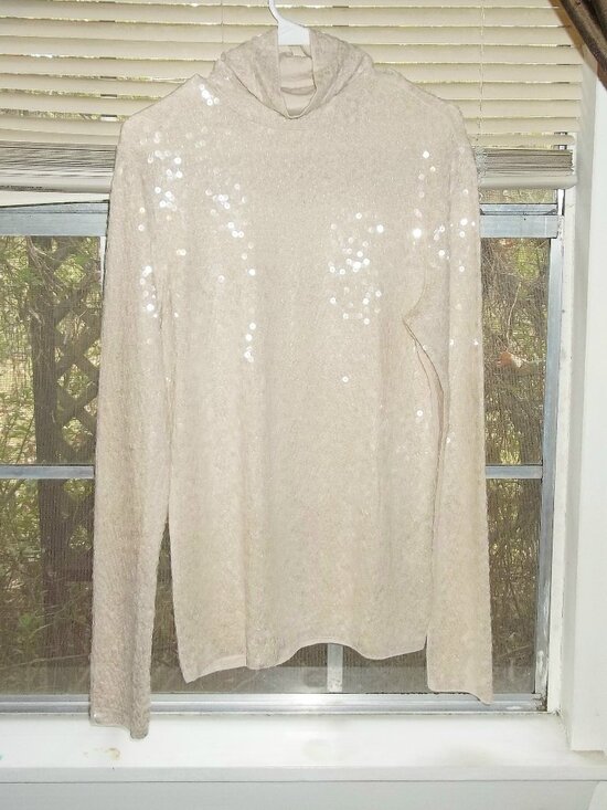 Express Women’s Sequin Long Sleeve Top Beige Sparkly Gorgeous Bling Classy - Picture 3 of 6